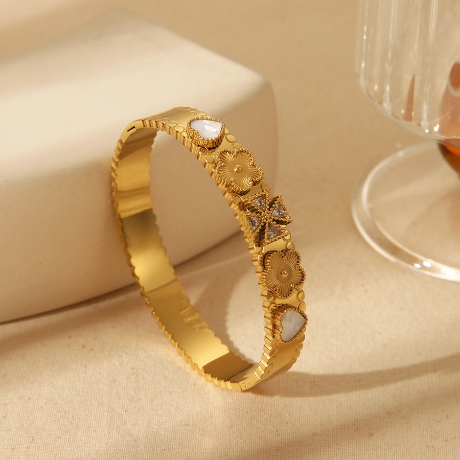 Formal Commute Wind Five-petal flower Round Flower 304 Stainless Steel 18K Gold Plated Bangle In Bulk