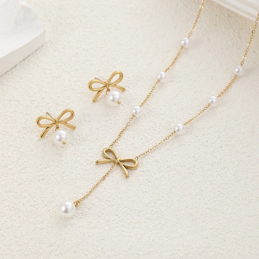 Jewelry Simple Style Classic Style Bow Knot 304 Stainless Steel Artificial Pearls 18K Gold Plated Jewelry Set