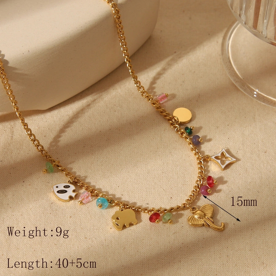 Jewelry Basic Bohemian Elephant Flower Boots 304 Stainless Steel Artificial Pearls Natural Stone 18K Gold Plated Epoxy Pendant Necklace