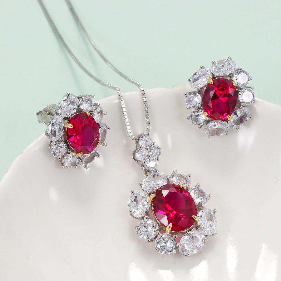Retro flower 925 silver inlay artificial gemstones women's earrings necklace