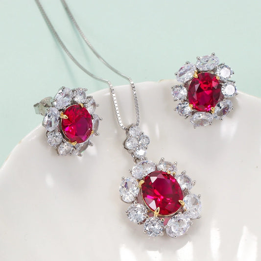 Retro flower 925 silver inlay artificial gemstones women's earrings necklace