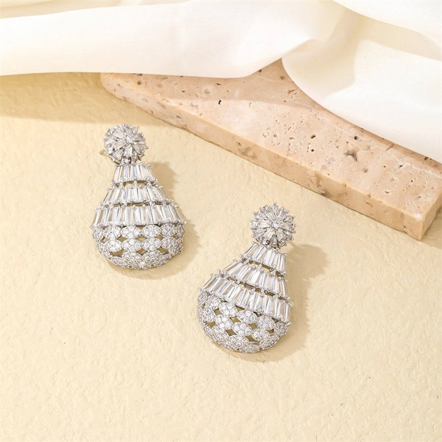 lady shiny water droplets copper plating hollow out inlay zircon earrings necklace