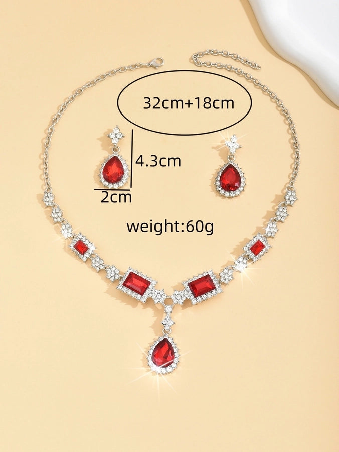 Diamond-encrusted Blue Square Water Drop Necklace Earrings Set Elegant Elegant Clavicle Chain New Style Light Luxury High-grade Necklace
