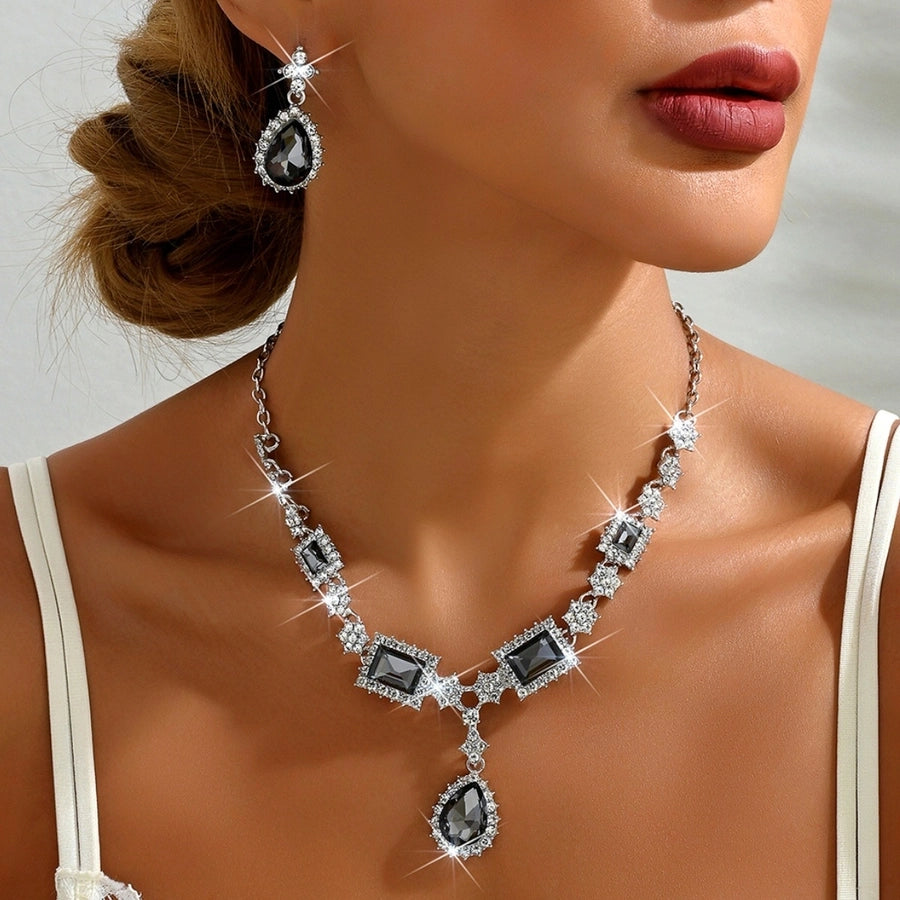 Diamond-encrusted Blue Square Water Drop Necklace Earrings Set Elegant Elegant Clavicle Chain New Style Light Luxury High-grade Necklace