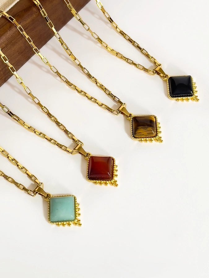 Jewelry Retro Classic Style Rhombus 316L Stainless Steel Natural Stone 18K Gold Plated Irregular Inlay Pendant Necklace