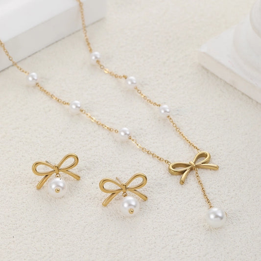 Jewelry Simple Style Classic Style Bow Knot 304 Stainless Steel Artificial Pearls 18K Gold Plated Jewelry Set