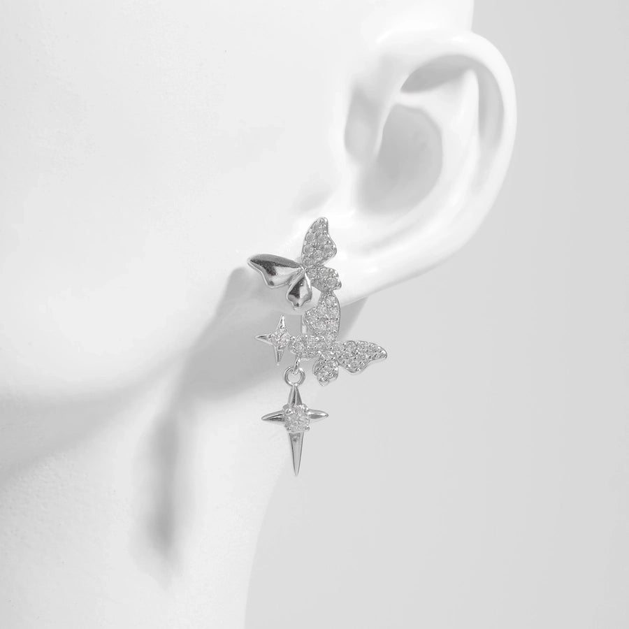 1 Pair Elegant Heart Shape Life Tree Butterfly Inlay Sterling Silver Zircon White Gold Plated Ear Studs
