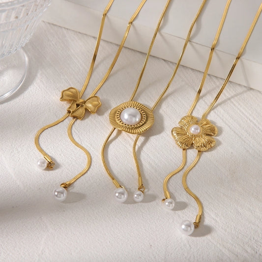 Jewelry Simple Style Flower 304 Stainless Steel Artificial Pearls 18K Gold Plated Inlay Pendant Necklace