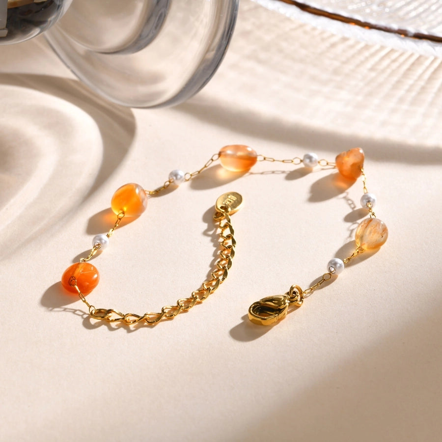Stainless Steel Plated 18K Gold Chain Imitation Amber Stone Imitation Jade Imitation Pearl Chain Jewelry Suit Necklace