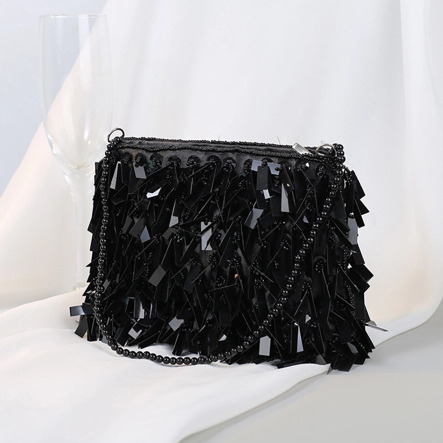 white black silver polyester solid color beading tassel square evening bags