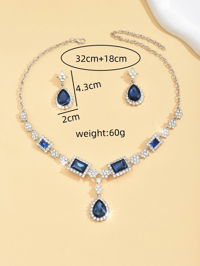 Diamond-encrusted Blue Square Water Drop Necklace Earrings Set Elegant Elegant Clavicle Chain New Style Light Luxury High-grade Necklace