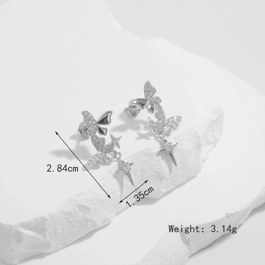 1 Pair Elegant Heart Shape Life Tree Butterfly Inlay Sterling Silver Zircon White Gold Plated Ear Studs
