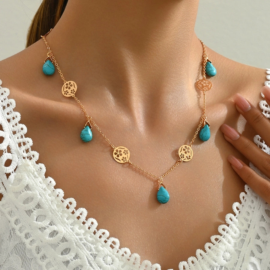 Copper 18K Gold Plated Inlay Flower Turquoise Pendant Necklace