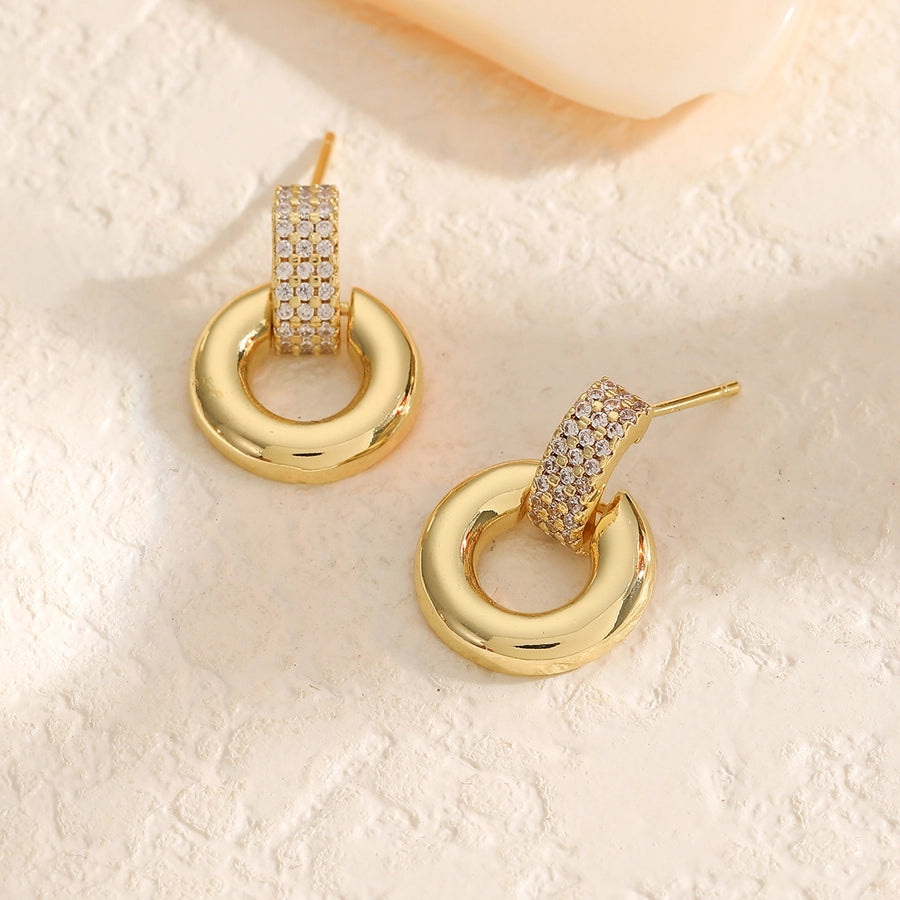 1 Pair Elegant Luxurious Round Square Copper Zircon 18K Gold Plated Drop Earrings