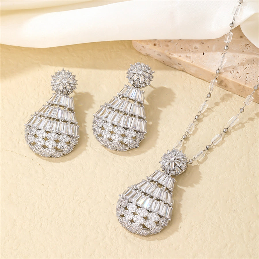 lady shiny water droplets copper plating hollow out inlay zircon earrings necklace