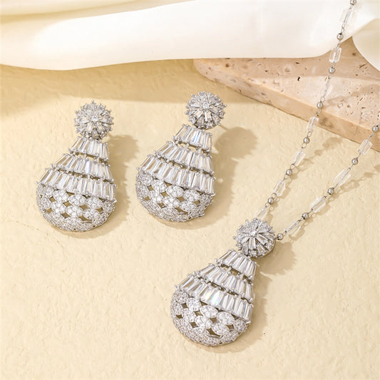 lady shiny water droplets copper plating hollow out inlay zircon earrings necklace
