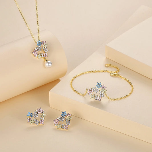 Colorful Crystals Heart Garland Necklace Bracelet Ear Studs Gold Plated Ornament Suit Women's Rhinestone Pearl Necklace Lovers Wild Collarbone Necklace Bracelet Bracelet Ear Studs Stud Earrings Suit