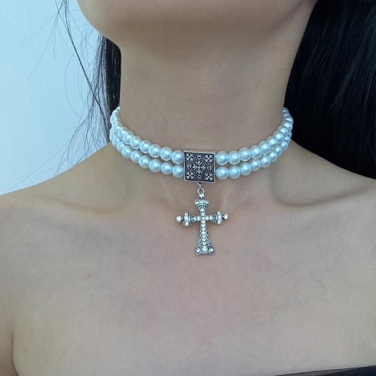 Vintage Pearl Double Layer Cross Necklace Female  Fashion Clavicle Chain Light Luxury Trend Niche Design