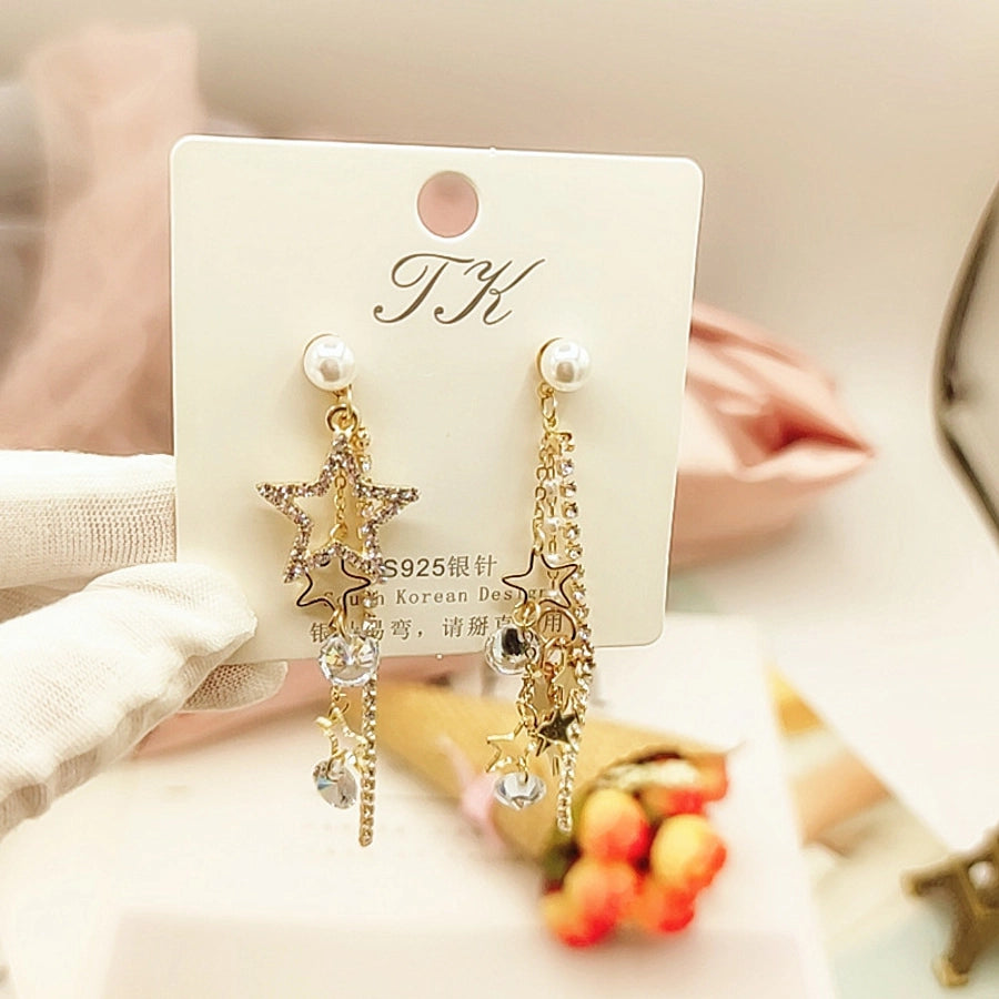 1 pair elegant star tassel heart shape inlay alloy artificial pearls rhinestones glass earrings