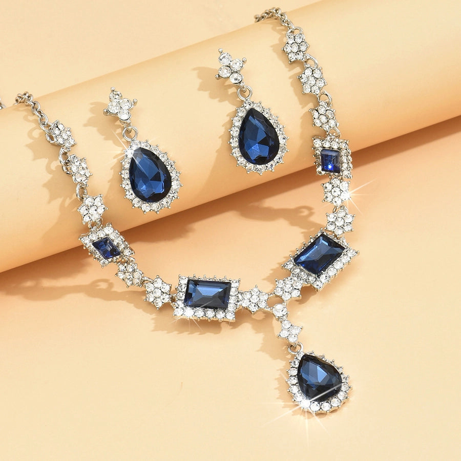Diamond-encrusted Blue Square Water Drop Necklace Earrings Set Elegant Elegant Clavicle Chain New Style Light Luxury High-grade Necklace