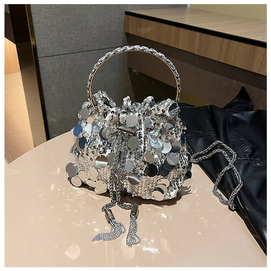 black yellow silver sequin solid color bucket evening bags