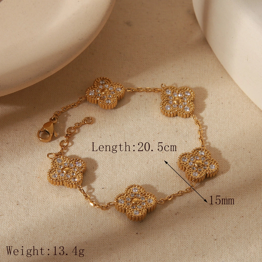 Basic Vintage Style Four Leaf Clover Flower 304 Stainless Steel 18K Gold Plated Zircon Bracelets In Bulk