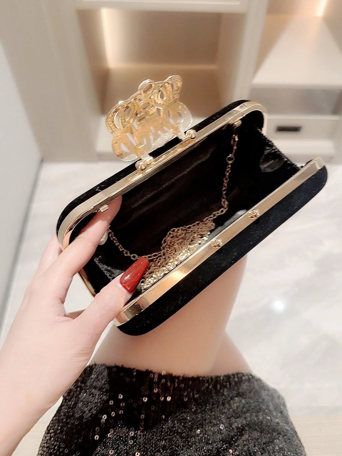 Black Polyester Solid Color Metal Button Evening Bags