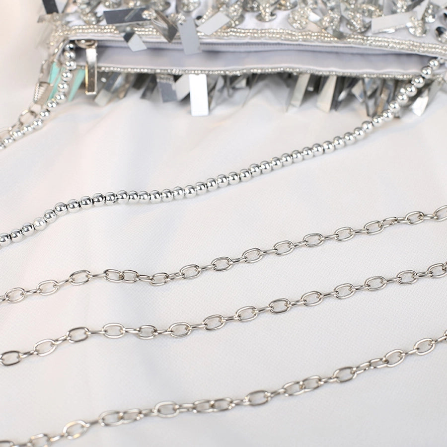 white black silver polyester solid color beading tassel square evening bags