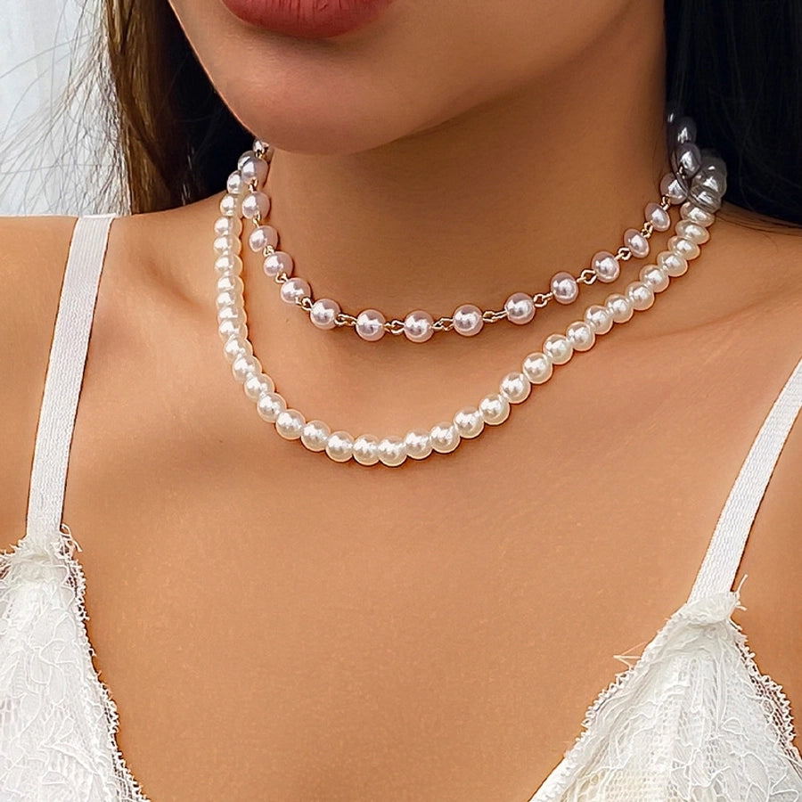 cute sweet geometric solid color imitation pearl plating chain women's necklace