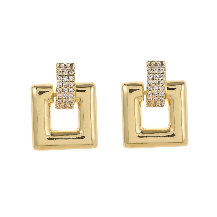 1 Pair Elegant Luxurious Round Square Copper Zircon 18K Gold Plated Drop Earrings
