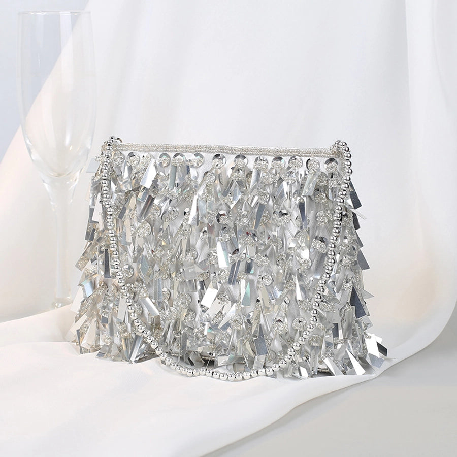 white black silver polyester solid color beading tassel square evening bags