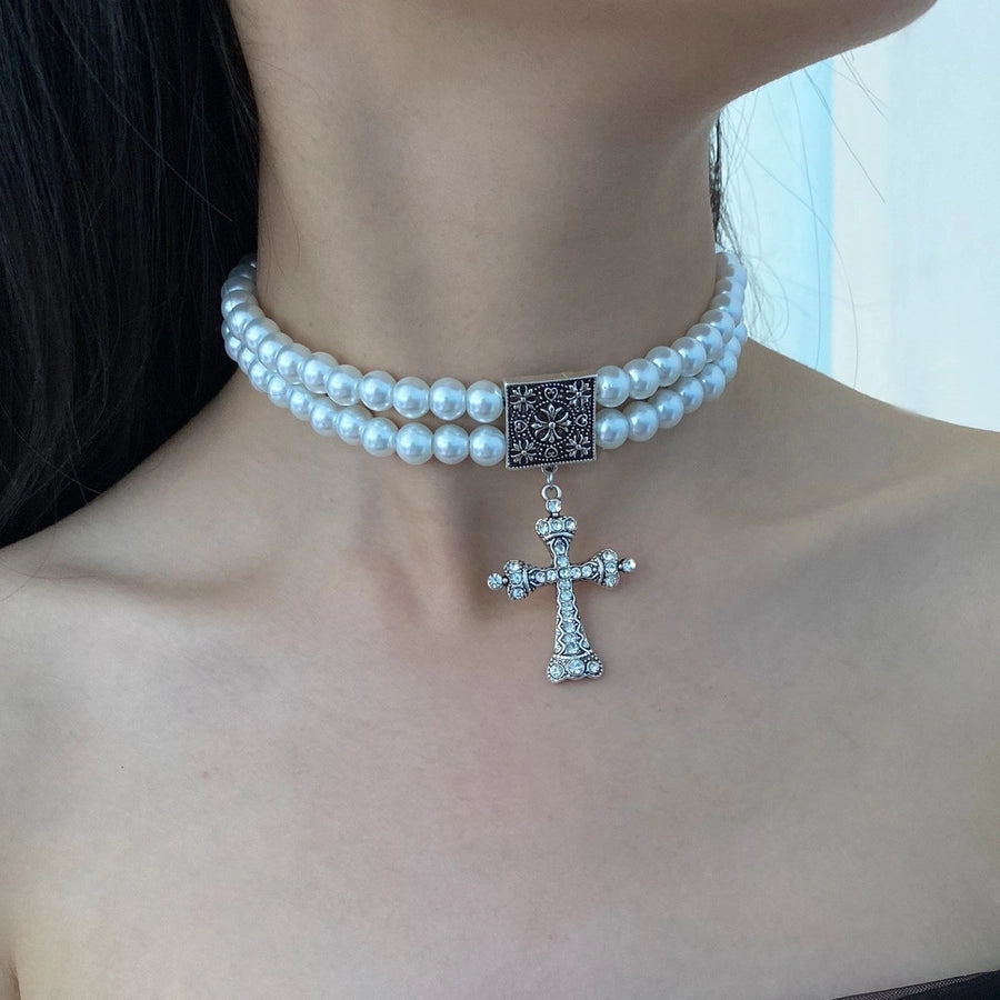 Vintage Pearl Double Layer Cross Necklace Female  Fashion Clavicle Chain Light Luxury Trend Niche Design