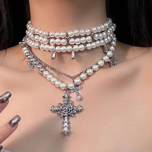 Pearl multi-layer stacked flower cross necklace light luxury niche high-grade clavicle chain personality trendy cool necklace for women