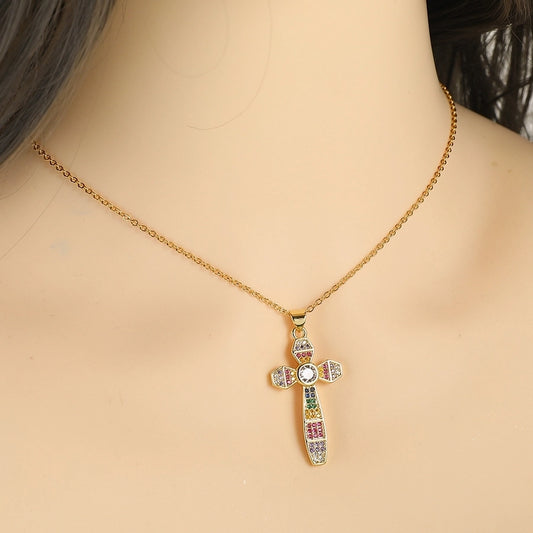 Copper Gold Plated Plating Inlay Cross Zircon Pendant Necklace