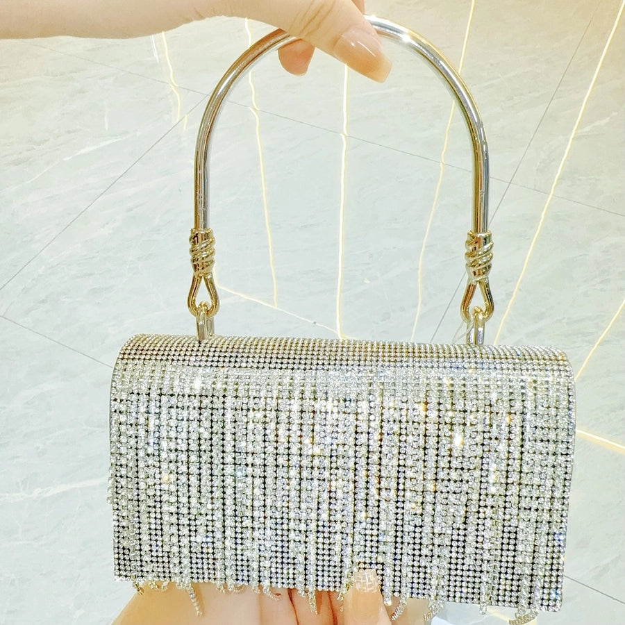 New Retro Banquet Evening Dress Handbag Handbag Full Diamond Shiny Tassel Shoulder Crossbody Evening Bag