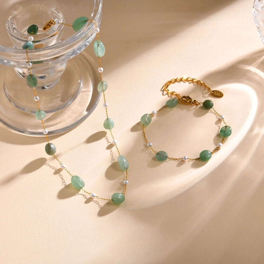 Stainless Steel Plated 18K Gold Chain Imitation Amber Stone Imitation Jade Imitation Pearl Chain Jewelry Suit Necklace