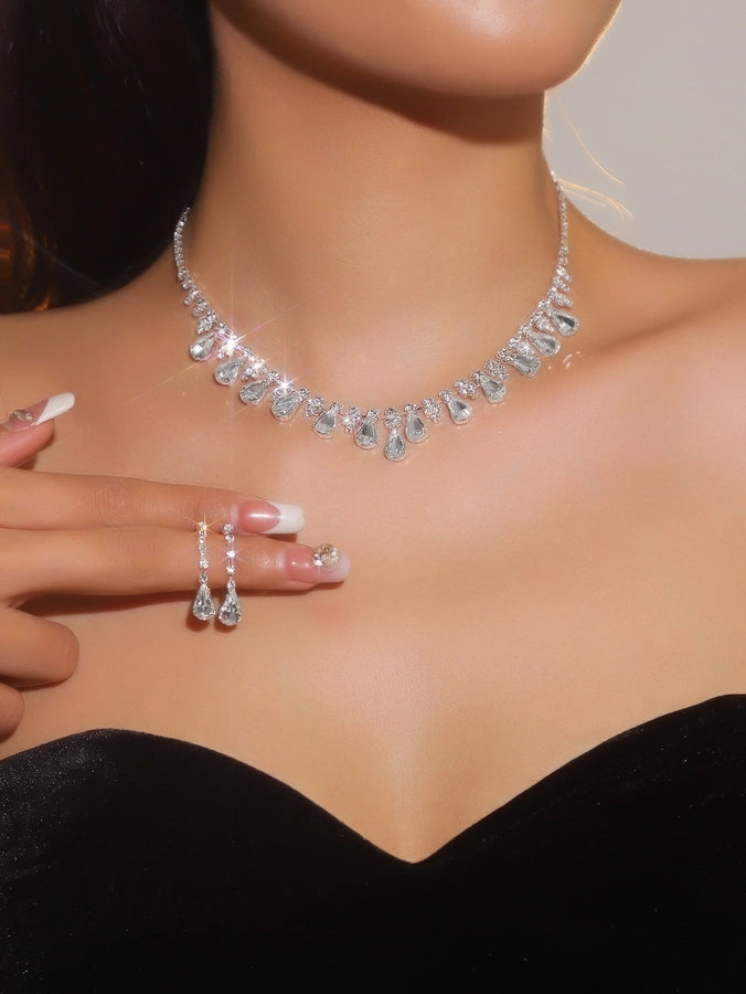 Copper Inlay Tassel Rhinestones Earrings Necklace Jewelry Set