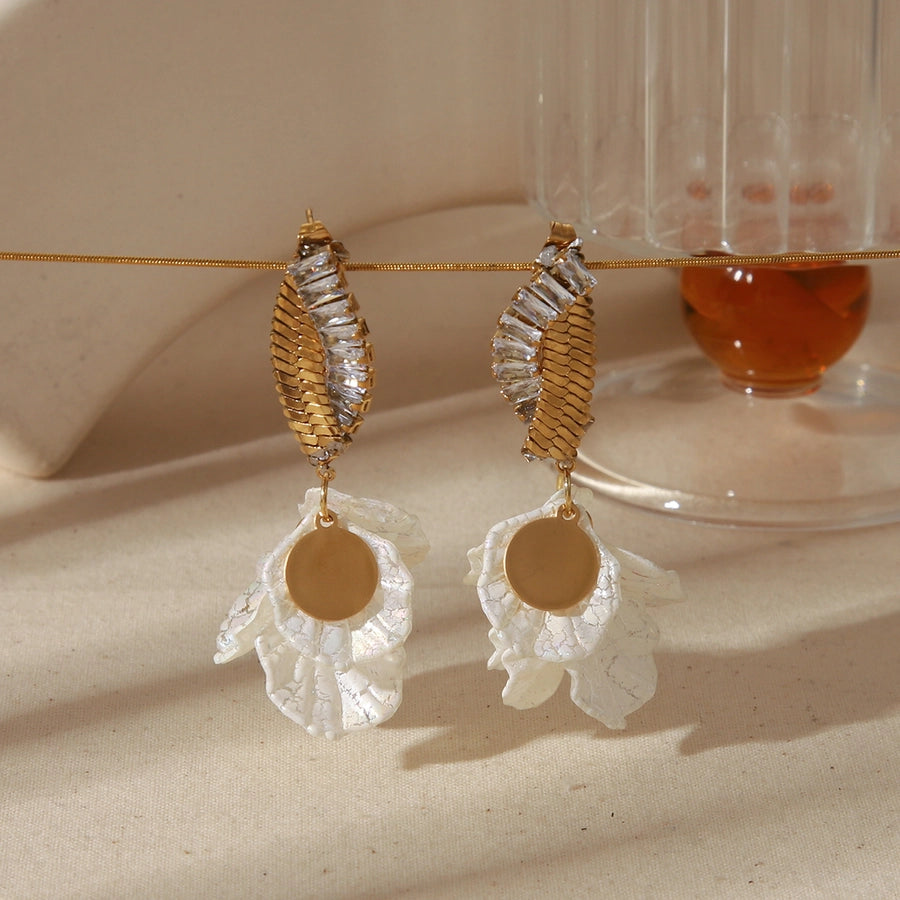 1 Pair Luxurious Simple Style Commute Flower Butterfly chain Inlay 304 Stainless Steel Acrylic Imitation Pearl Zircon 18K Gold Plated Drop Earrings