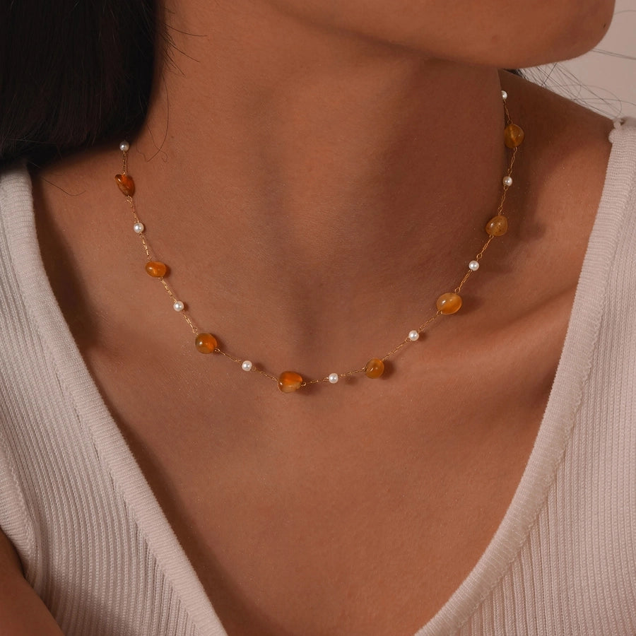 Stainless Steel Plated 18K Gold Chain Imitation Amber Stone Imitation Jade Imitation Pearl Chain Jewelry Suit Necklace