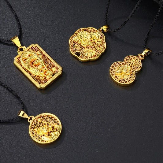 Casual Flower Gourd Dragon rope Copper Hollow Out 24K Gold Plated Men's Pendant Necklace