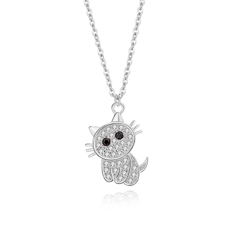 cute cat sterling silver polishing plating inlay zircon pendant necklace