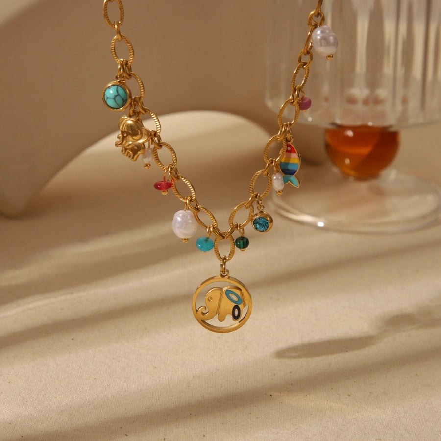 Jewelry Basic Bohemian Elephant Flower Boots 304 Stainless Steel Artificial Pearls Natural Stone 18K Gold Plated Epoxy Pendant Necklace
