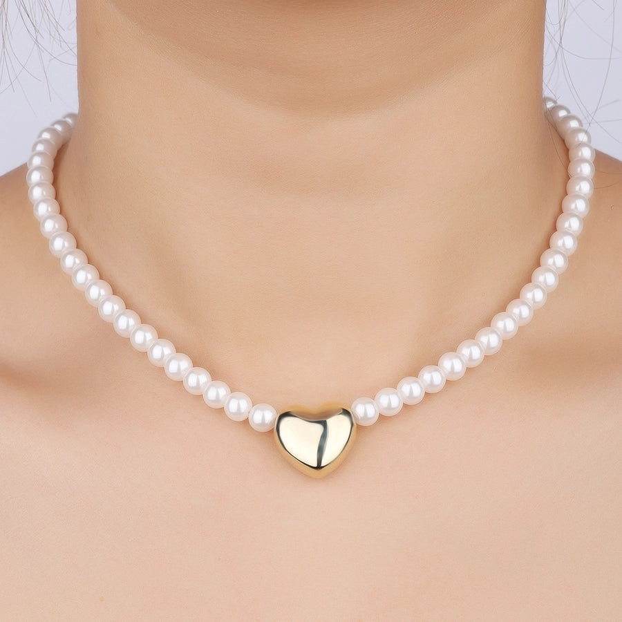 Copper 18K Gold Plated Asymmetrical Hollow Out Round Heart Shape Artificial Pearls Necklace