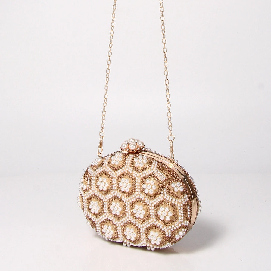 Gold Pu Leather Flower Oval Evening Bags