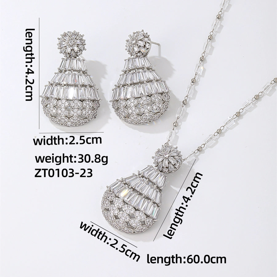 lady shiny water droplets copper plating hollow out inlay zircon earrings necklace