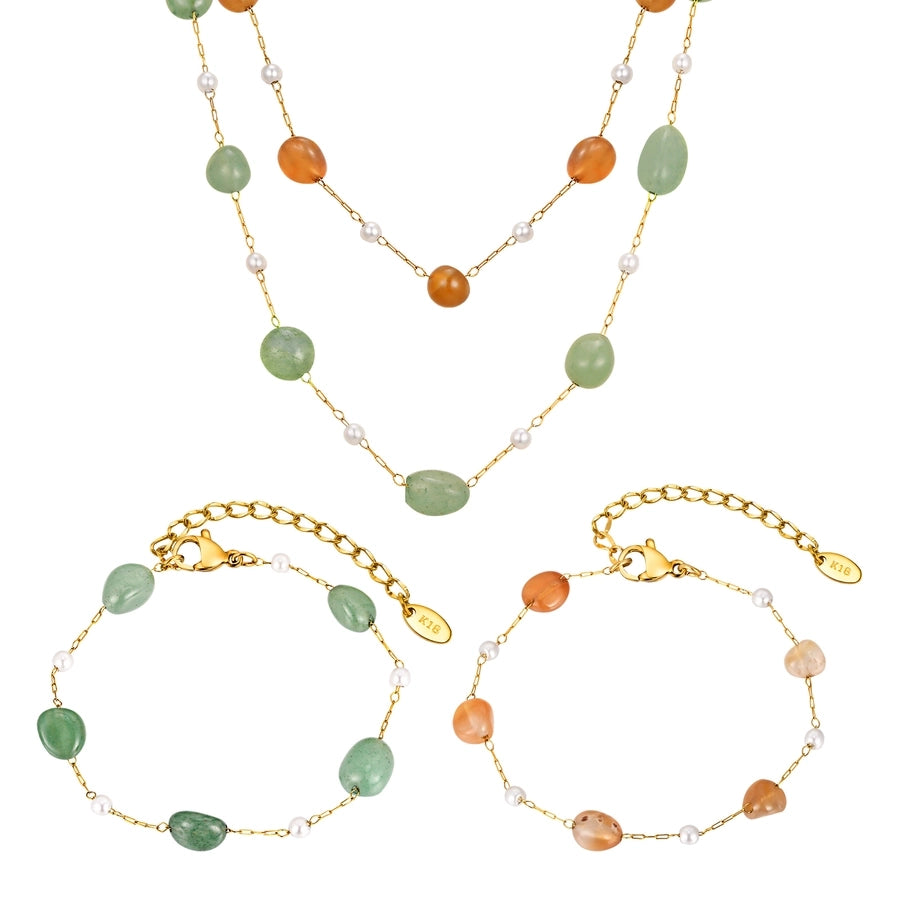 Stainless Steel Plated 18K Gold Chain Imitation Amber Stone Imitation Jade Imitation Pearl Chain Jewelry Suit Necklace