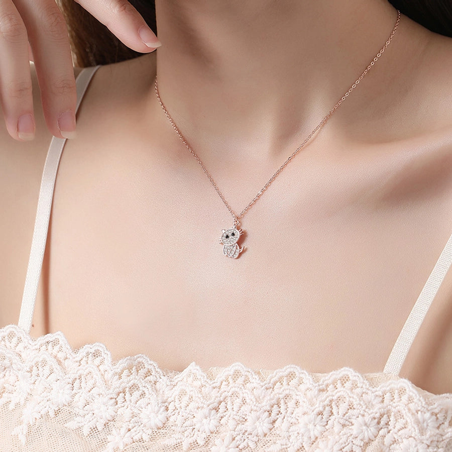 cute cat sterling silver polishing plating inlay zircon pendant necklace