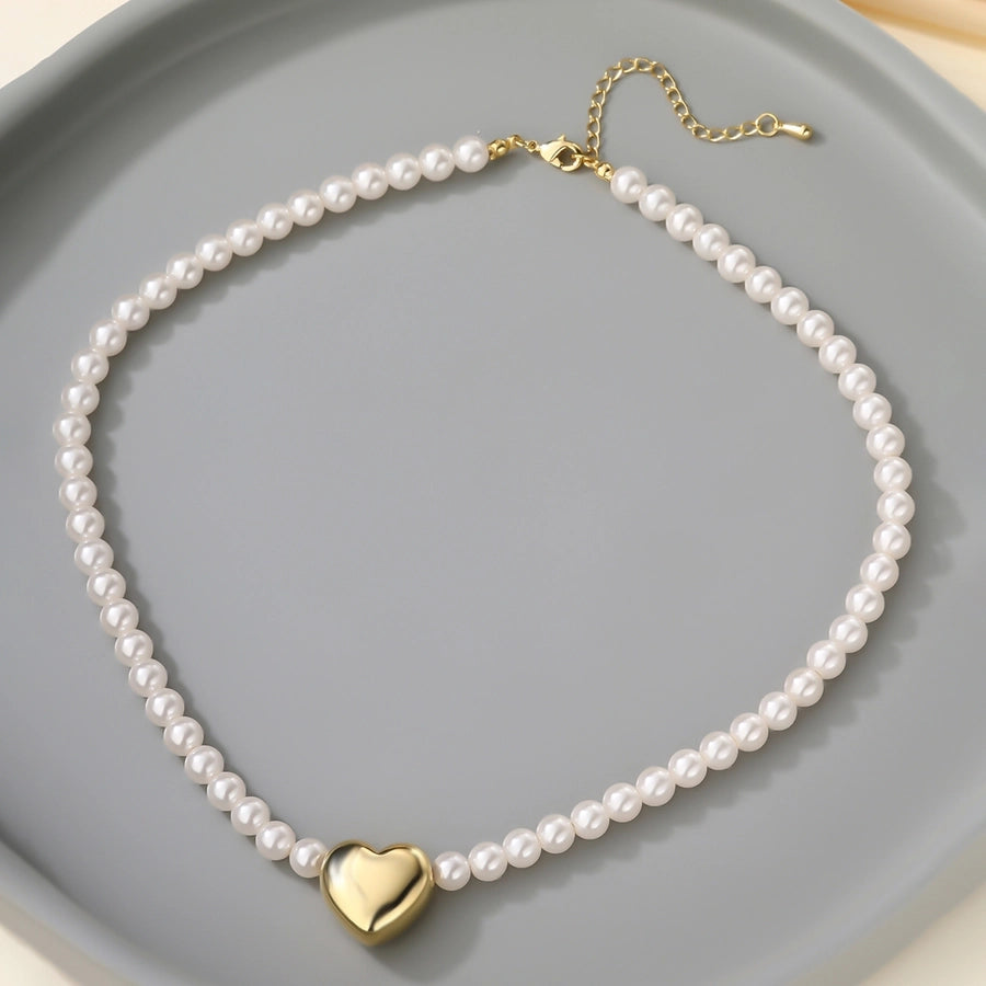 Copper 18K Gold Plated Asymmetrical Hollow Out Round Heart Shape Artificial Pearls Necklace