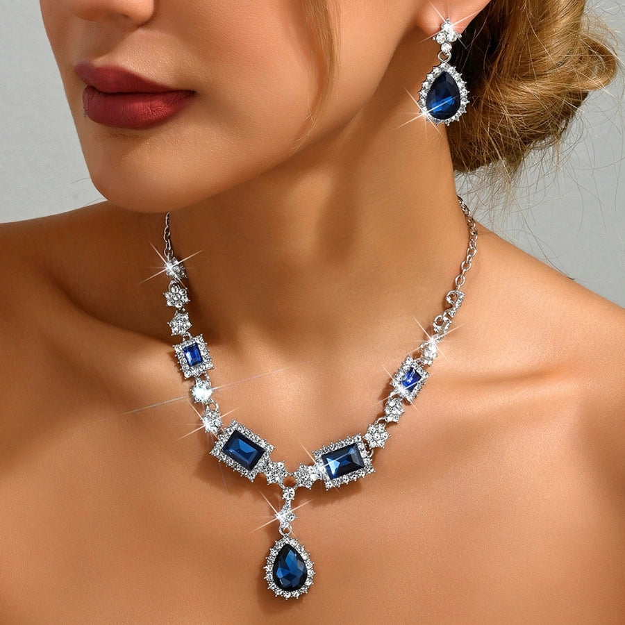 Diamond-encrusted Blue Square Water Drop Necklace Earrings Set Elegant Elegant Clavicle Chain New Style Light Luxury High-grade Necklace