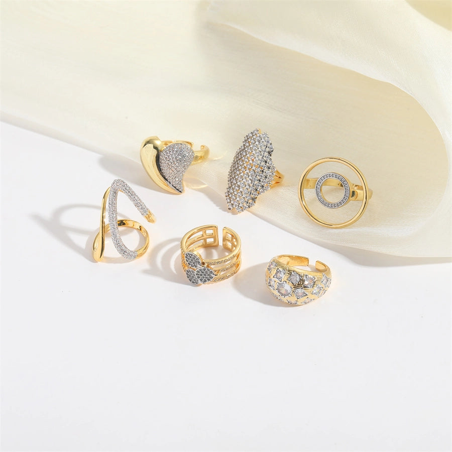 Copper 14K Gold Plated Plating Inlay Geometric Round Heart Shape Zircon Open Rings